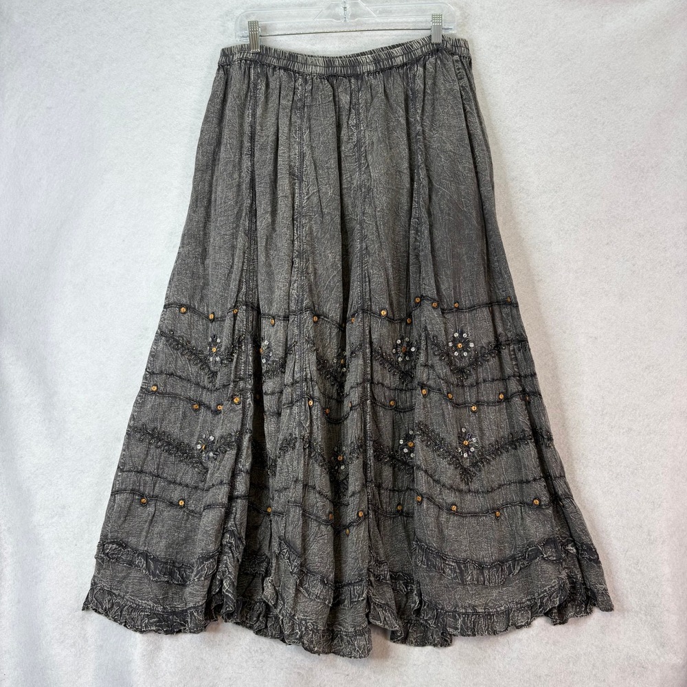 Soft Surroundings Embroidered Maxi Skirt Gray Wash Lined Womens 1X Boho Festival